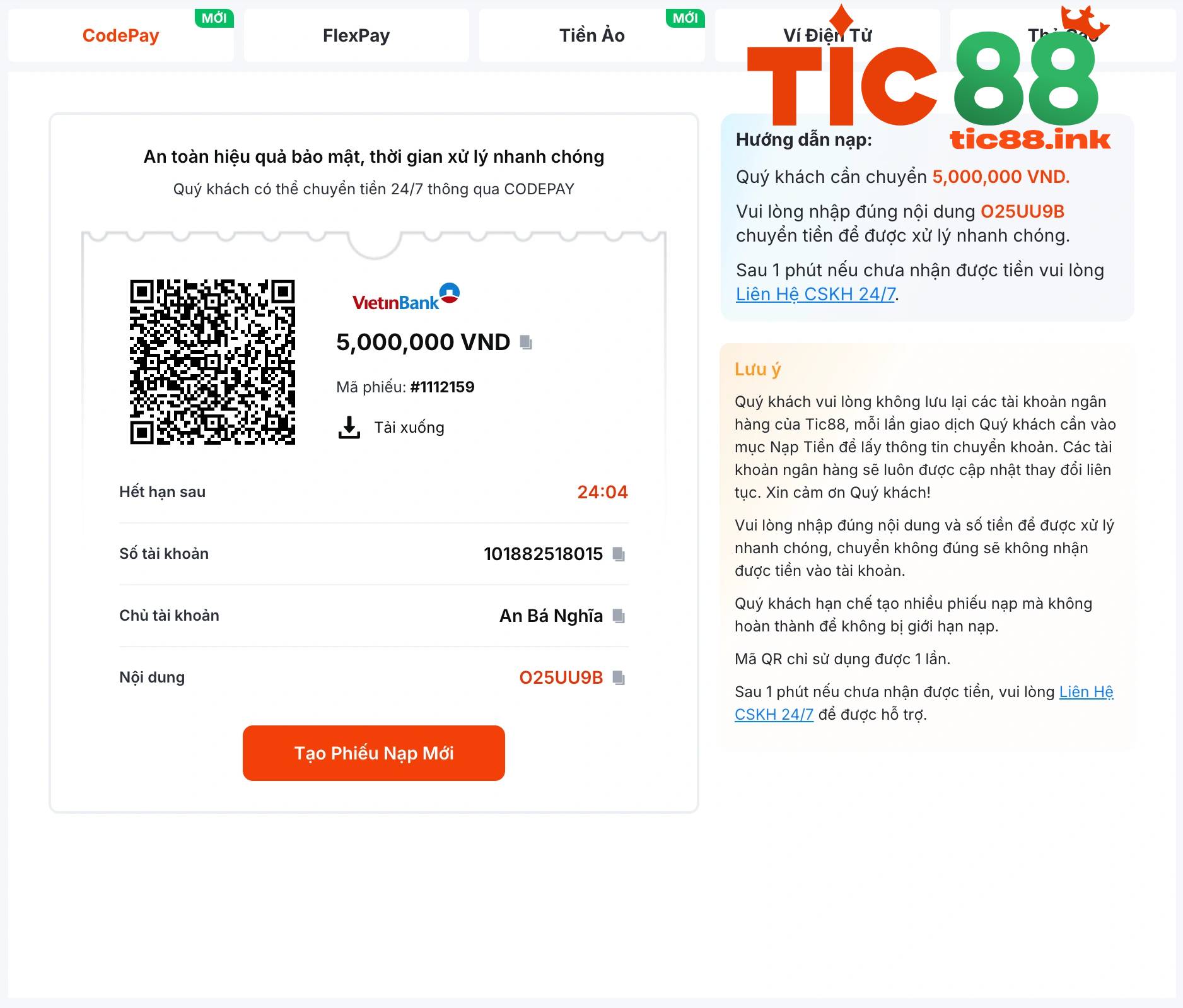 Bước 3: Nhập số tiền muốn nạp và lấy thông tin chuyển tiền