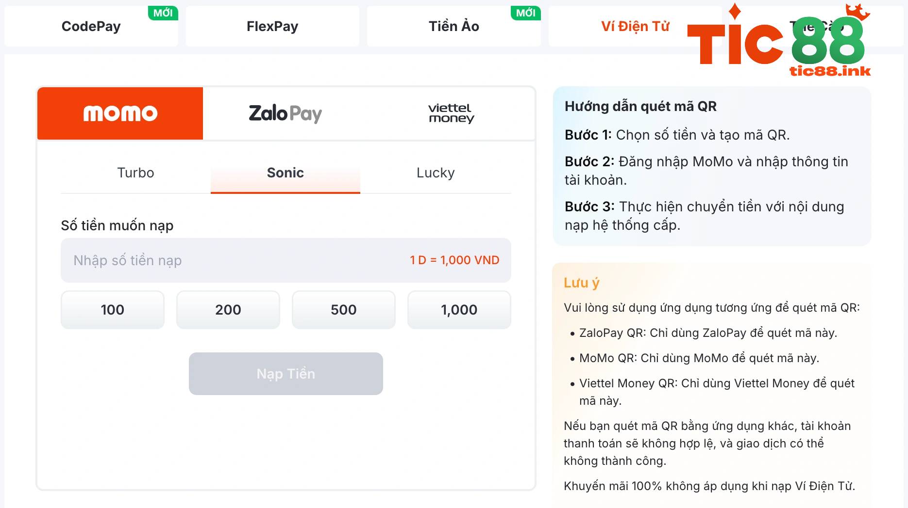 Bước 1: Đăng nhập và chọn mục Nạp Tiền - Ví điện tử