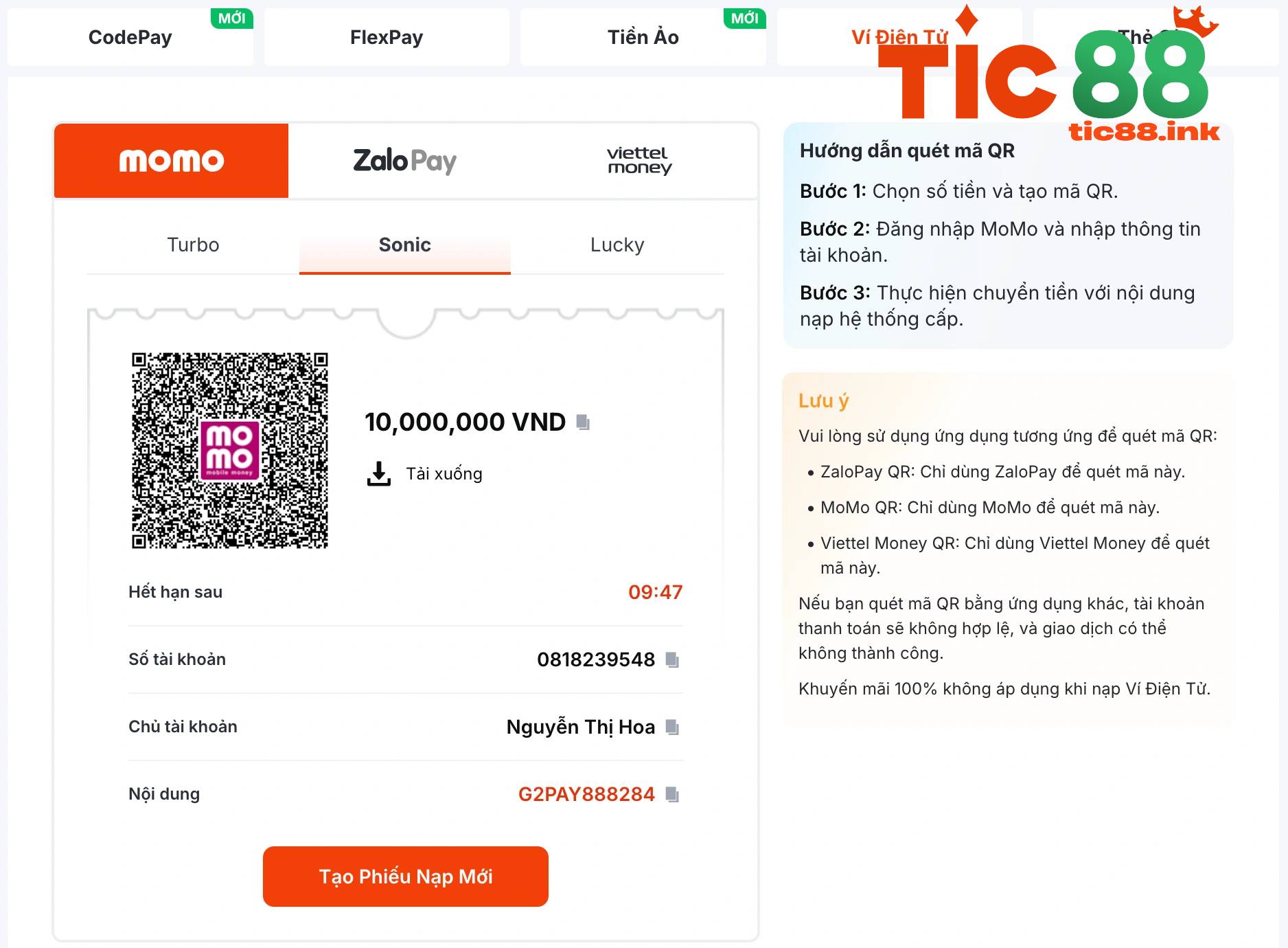 Bước 2: Nhấn Nạp Tiền và lấy thông tin chuyển khoản