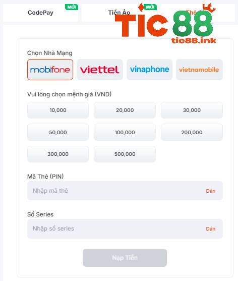Bước 1: Đăng nhập và chọn mục Nạp Tiền - Thẻ cào