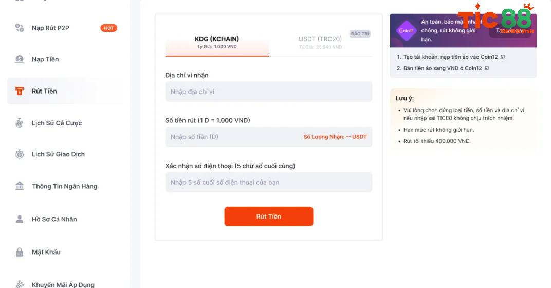 Rút tiền qua Coin12